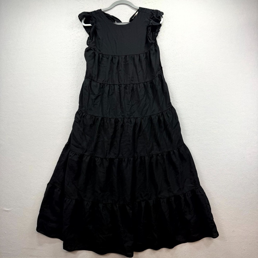 La Ven Tiered Maxi Dress Womens Small Black Rayon Ruffle Flutter Sleeve Tie Back